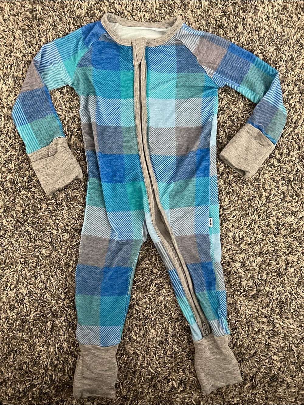 *Flawed* Little Sleepies Blue and Gray Plaid Zippy Pajamas 0-3 Month